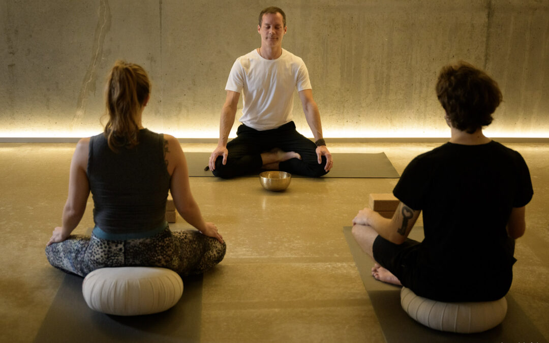 Méditation en mouvement avec Christopher Dearden au chalet Zenspace Christopher Dearden guidant des élèves dans une pose de méditation en mouvement au chalet Zenspace.